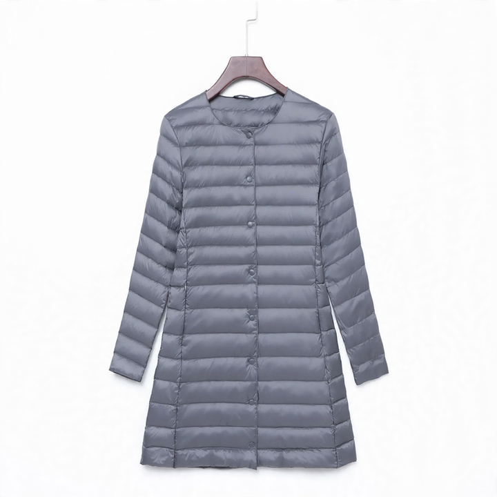 Light women's down jacket, mid-length, with button placket