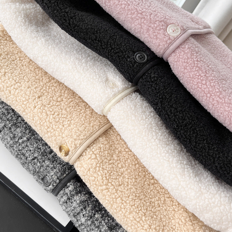 Warm lamb fleece cardigan with round neck for women