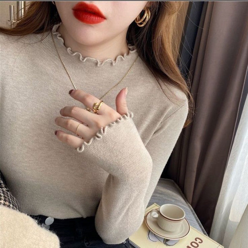 Women's Knitted Shirt, Stand-up Collar, Ruffle Edge, Fitted