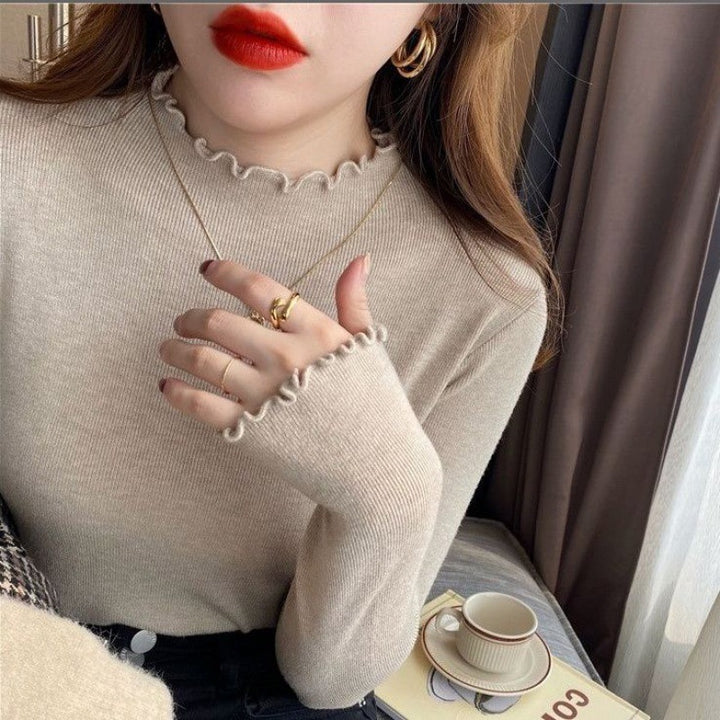 Women's Knitted Shirt, Stand-up Collar, Ruffle Edge, Fitted
