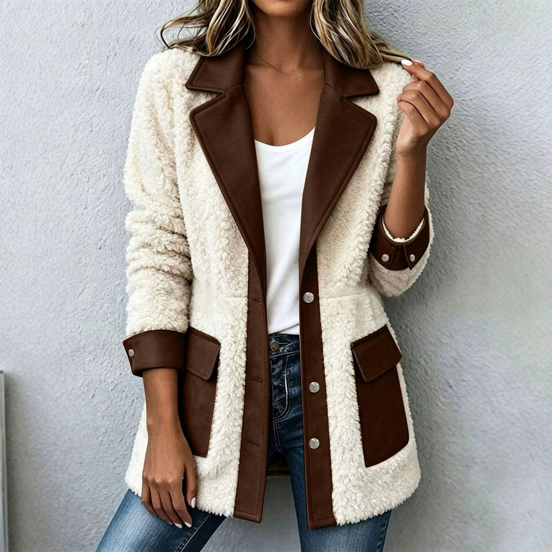 Lamb fleece jacket with lapels and button placket