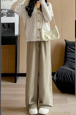 Padded cord wide pants with lamb fleece imitation