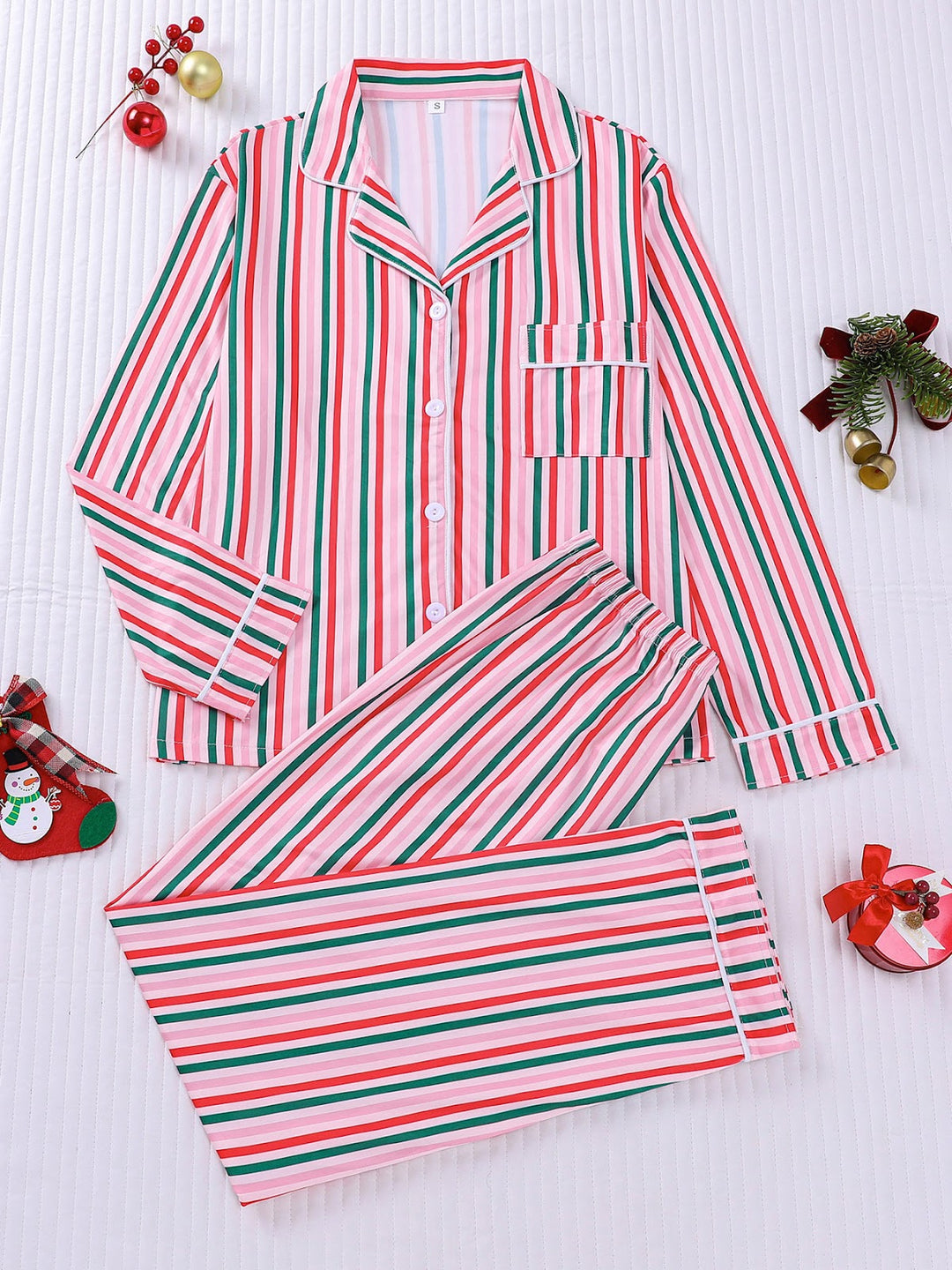 Women's Pajama Set, striped, Christmas tree print, notched collar