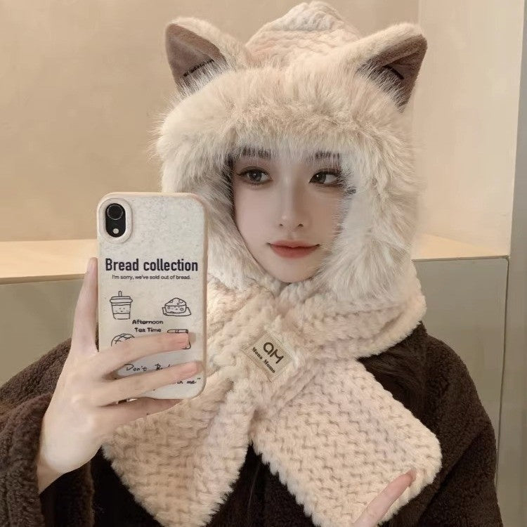 Plush hooded scarf, 2-piece set, lined