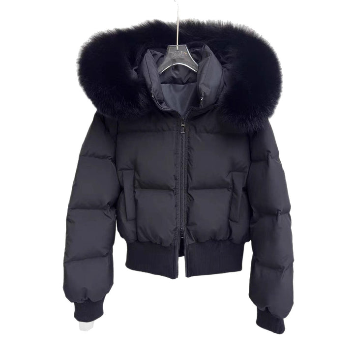 Short down jacket for women with faux fur collar