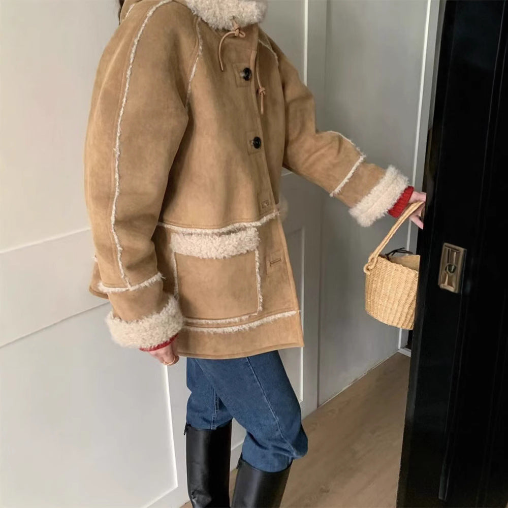 Women's faux lamb fur hooded jacket, casual