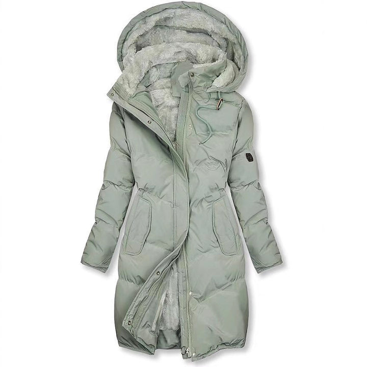 Women's quilted coat, mid-length, with hood and lining