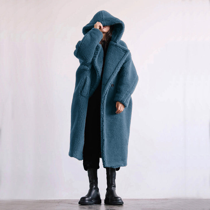 Women’s faux fur coat, mid-length, with hood and lambskin look