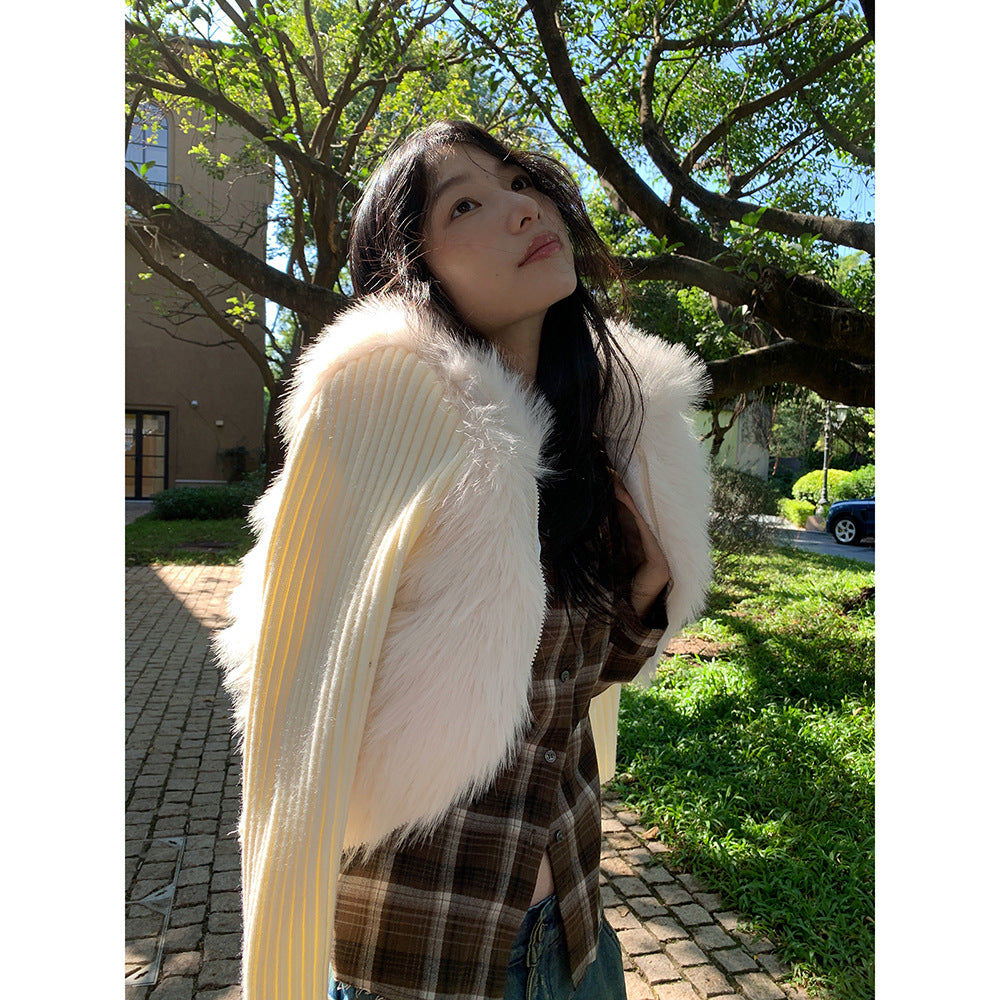 Cardigan with faux fur trim and lapel collar