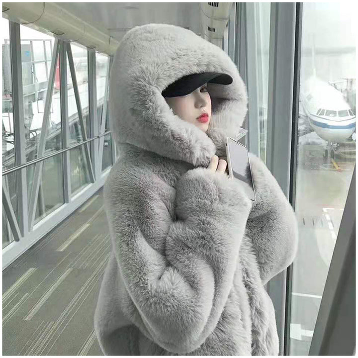 Loose faux fur coat with hood for women
