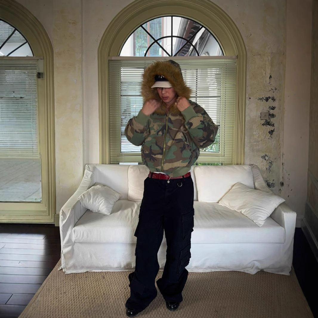 Padded men's winter jacket with camouflage pattern