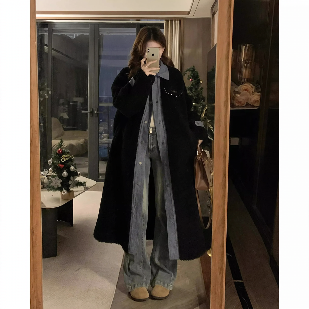 Women's coat in lambskin look, mid-length, lined