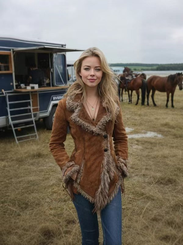 Women's suede imitation jacket with fur collar and lapels