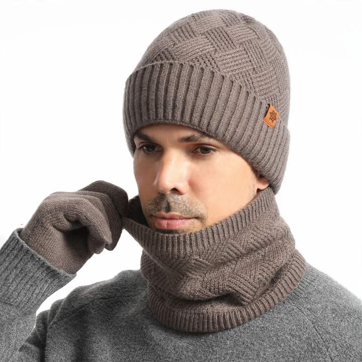 Men's Knit Set: Beanie, Scarf and Gloves, lined