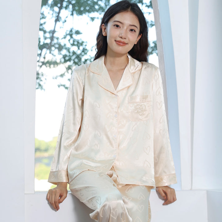 Women's Pajama Set, Ice Silk, Long Sleeve, Heart Pattern