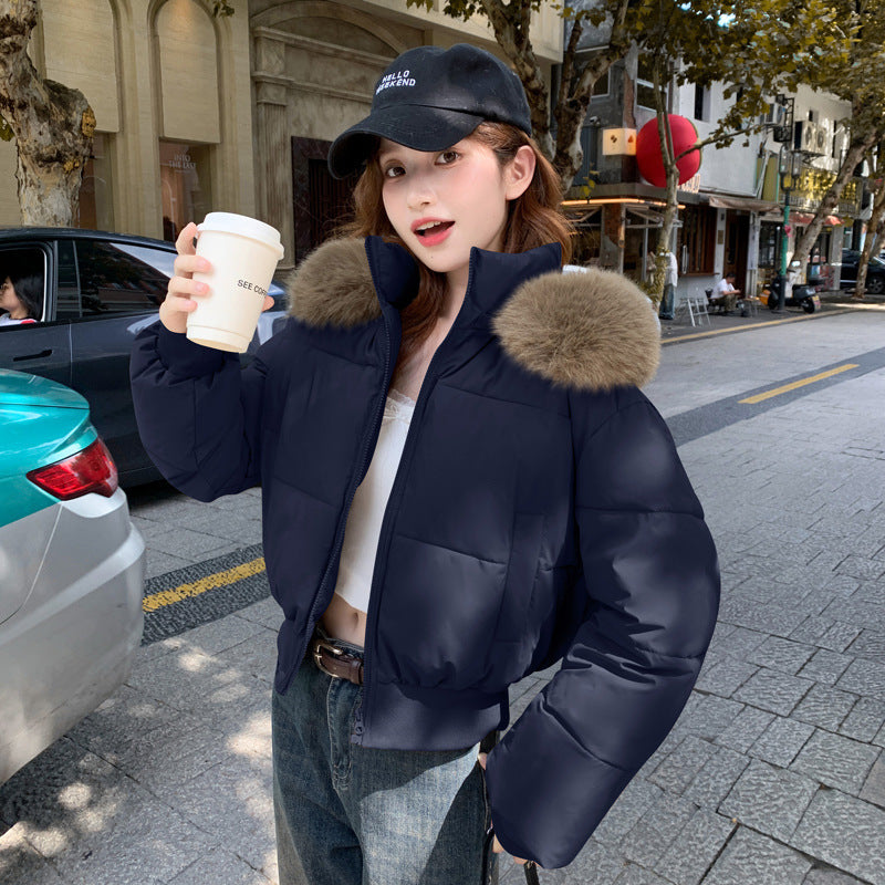 Short women's winter jacket with removable hood