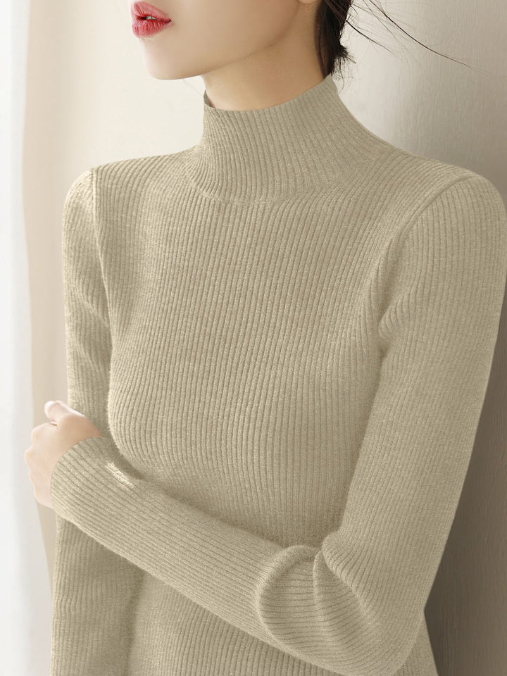 Women's wool knit pullover with half standing collar