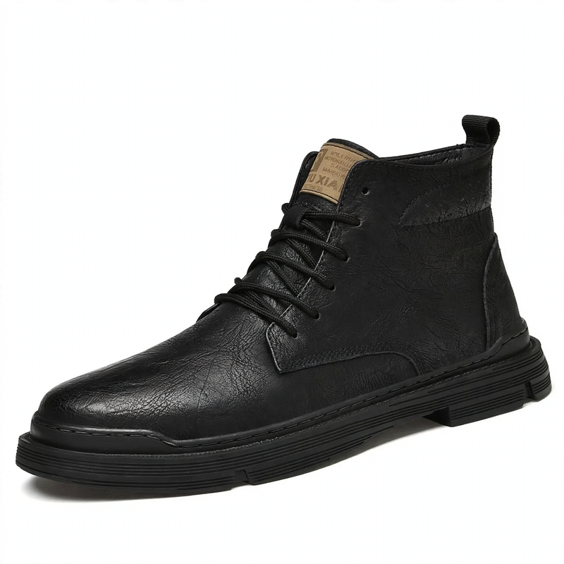 Padded men's leather boots with decorative stitching