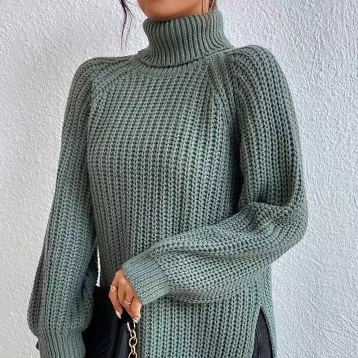 Women's knitted pullover, mid-length with high collar