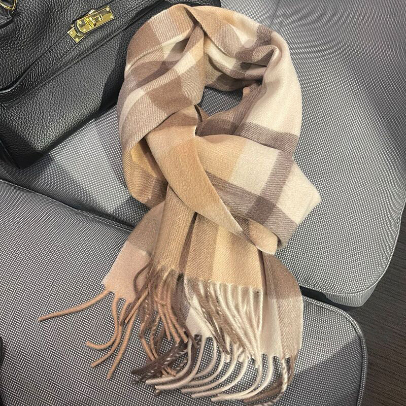 Women's scarf with checked pattern and fringes, 200x50 cm