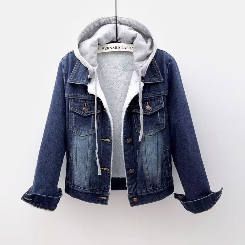 Short denim jacket for women with warm interior lining
