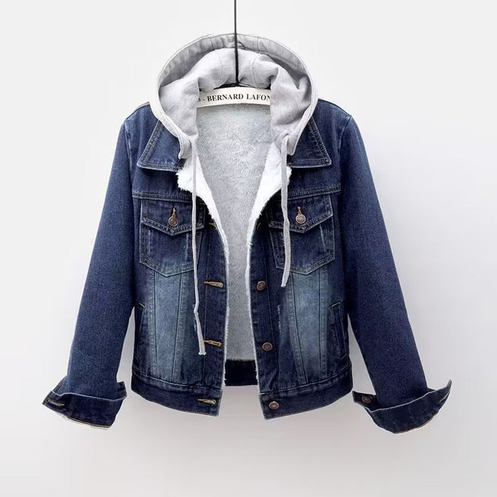 Short denim jacket for women with warm interior lining