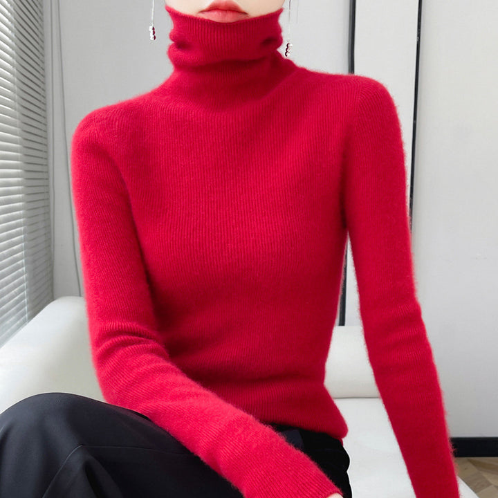 Women's knitted pullover with stand-up collar, long-sleeved, lined