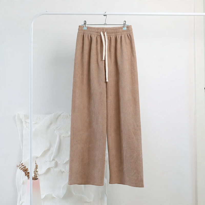 Ladies' corduroy pants with wide legs, high waist, and drawstring