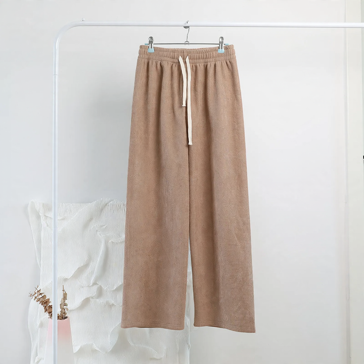 Ladies' corduroy pants with wide legs, high waist, and drawstring