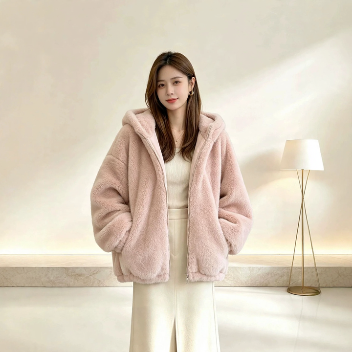 Women's jacket with hood and lambskin look