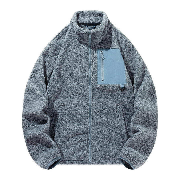 Unisex fleece jacket with stand-up collar and pockets