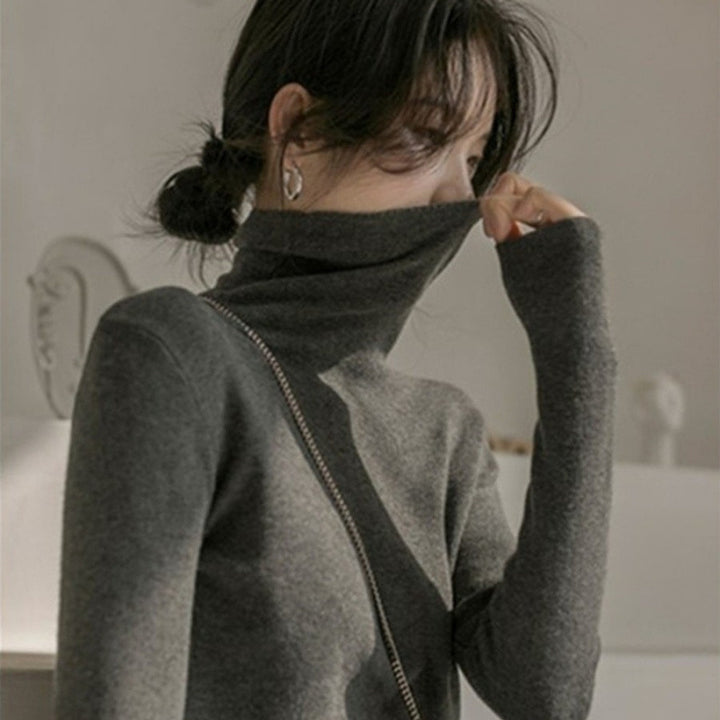 Women's knitted sweater, fitted, with stand-up collar
