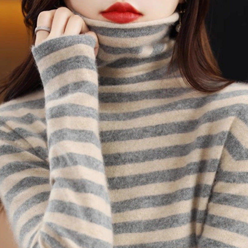 Ladies' knitted sweater, striped, stand-up collar