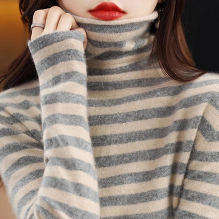 Ladies' knitted sweater, striped, stand-up collar