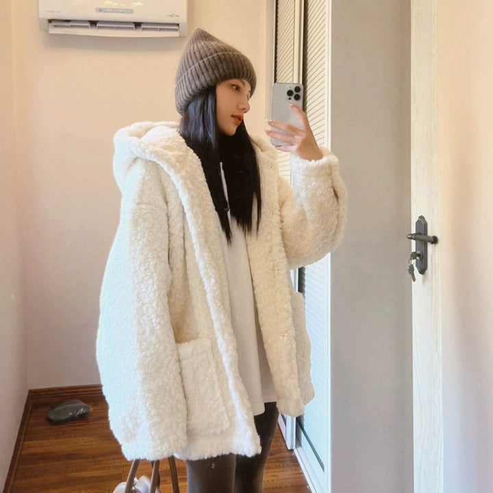 Women's coat, lambskin look, hood, padded