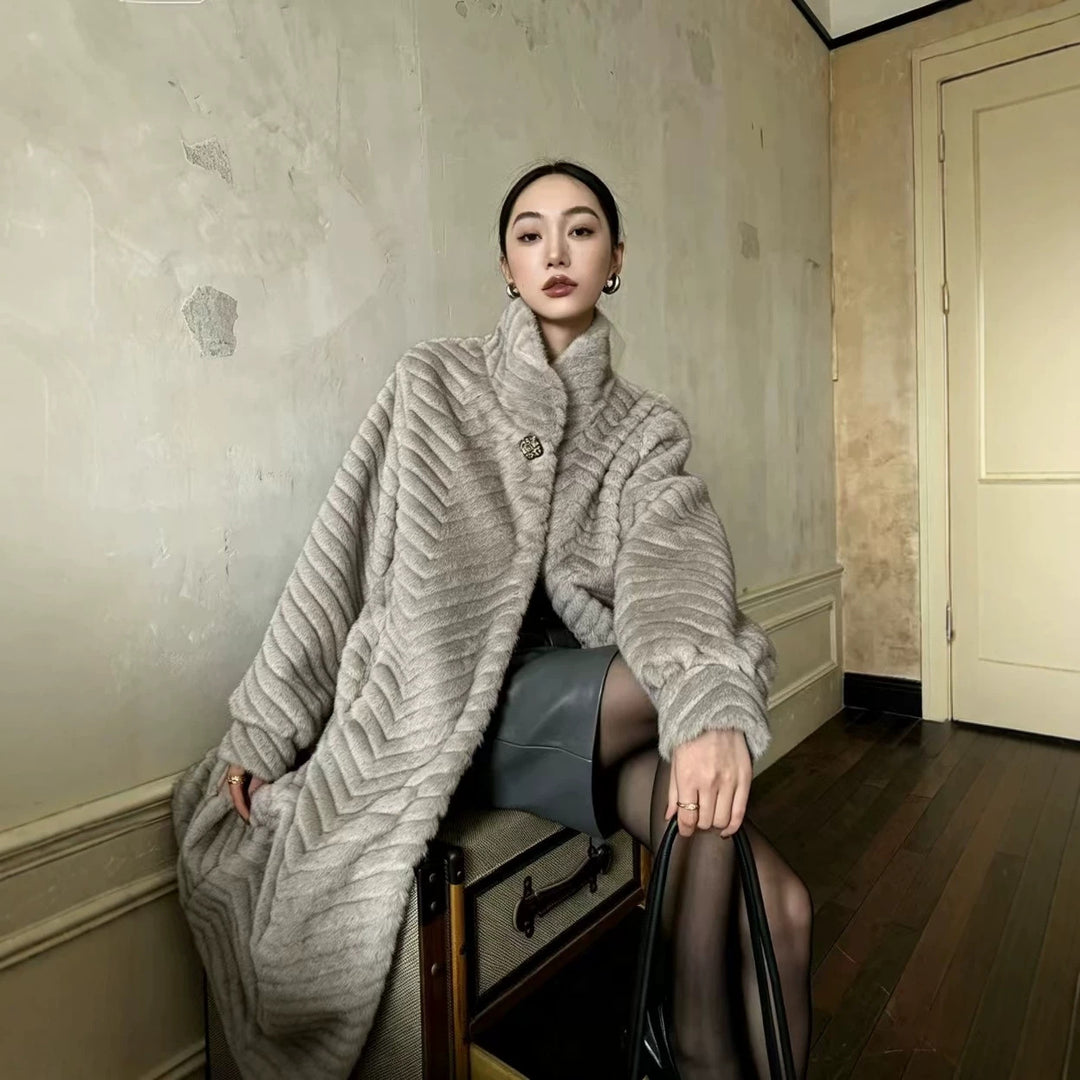 Women's coat in fur look with herringbone pattern