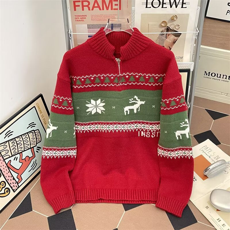 Knitted sweater with half zipper
