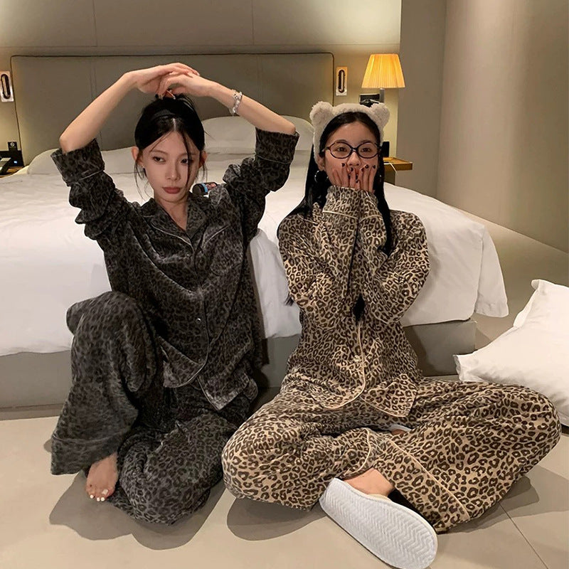 Women’s Pajama Set, Leopard Print, with Collar, warm