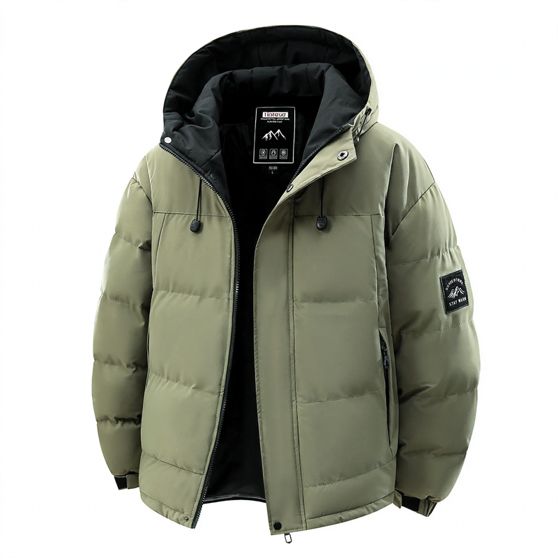 Padded men's winter jacket with hood and wind protection