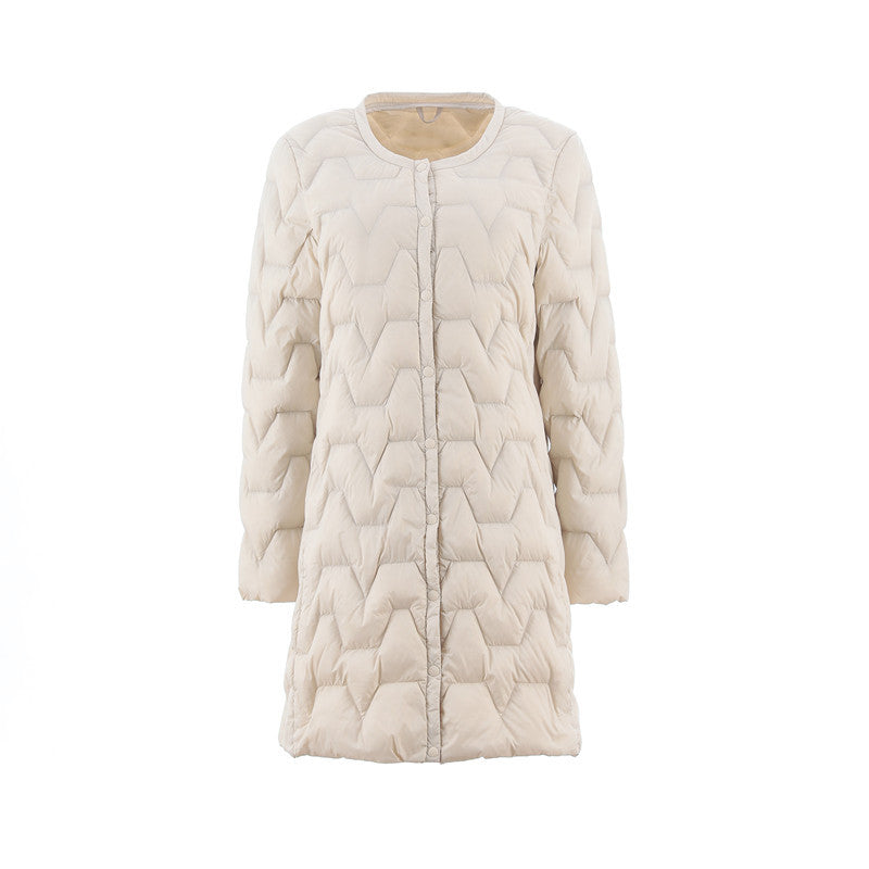 Lightweight, mid-length down jacket, collarless