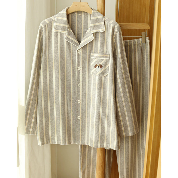 Cotton pajama set for couples, striped, embroidered