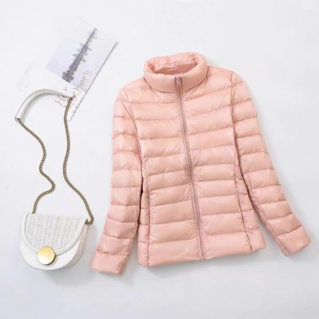 Light women's down jacket with stand-up collar, white duck down