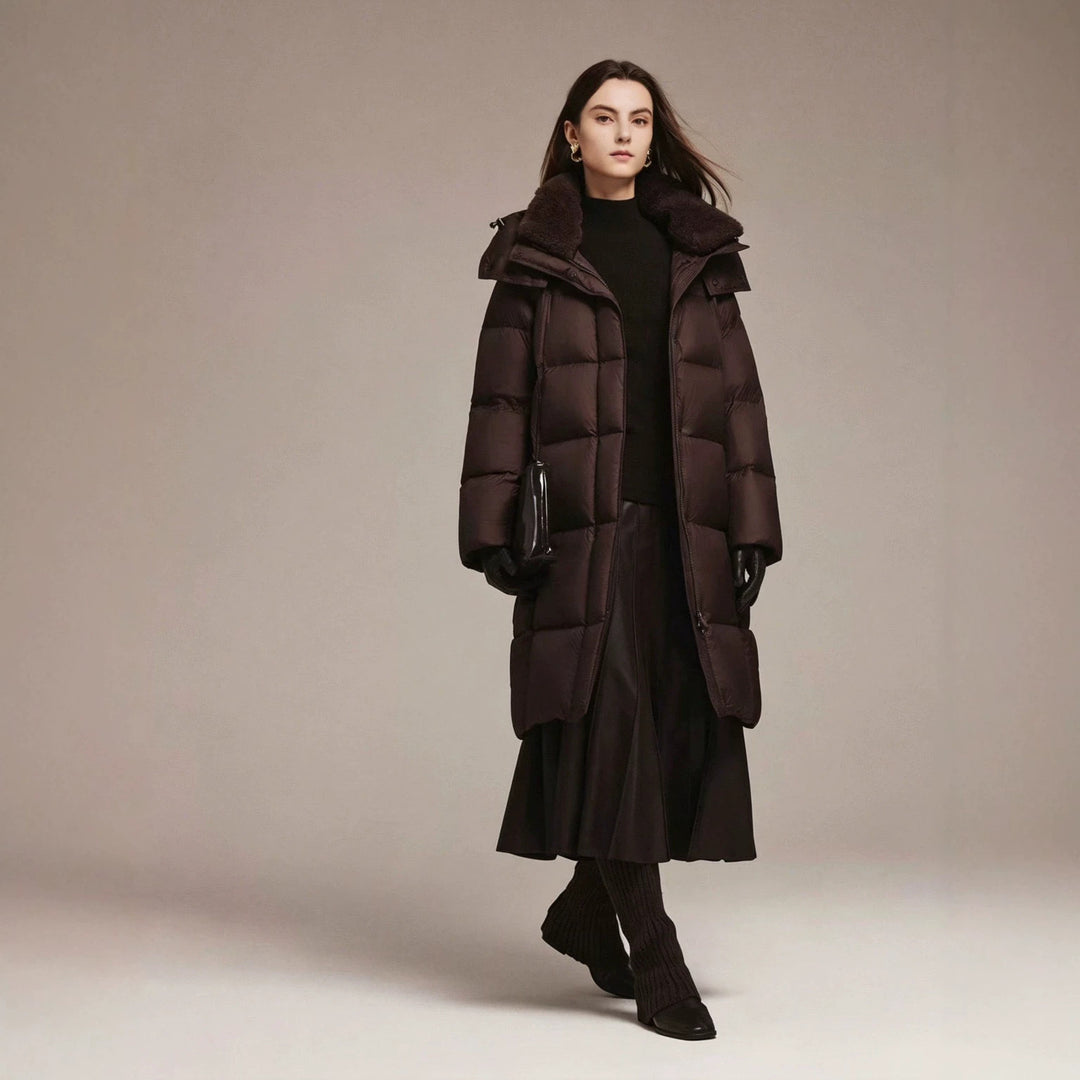 Long women's down coat with lambskin collar
