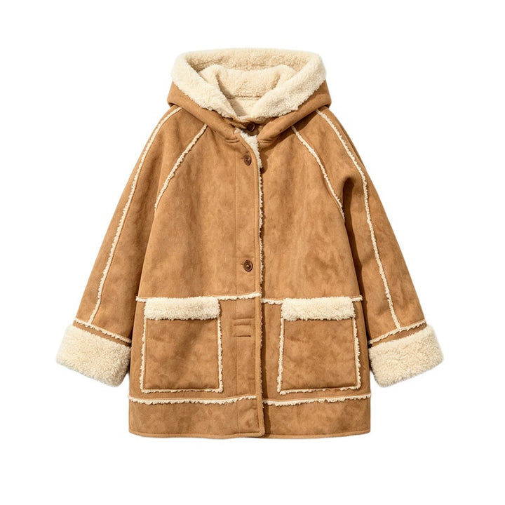 Women’s coat made of suede imitation with lamb fur lining