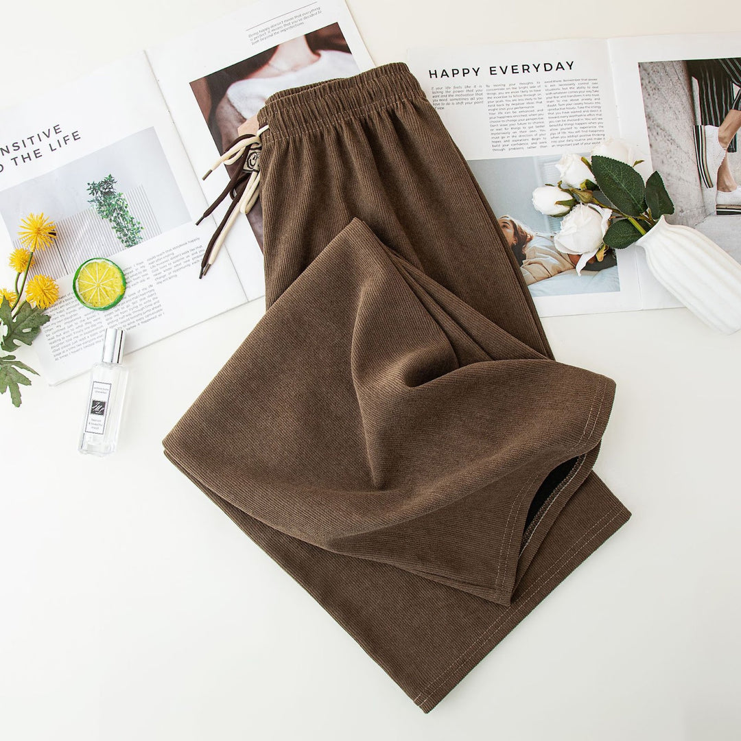 Cord wide trousers with drawstring, high waist, straight cut