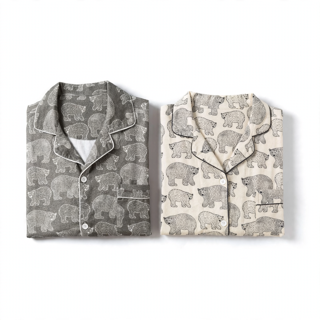 Bear Print Flannel Loungewear Set for Couples, Cotton