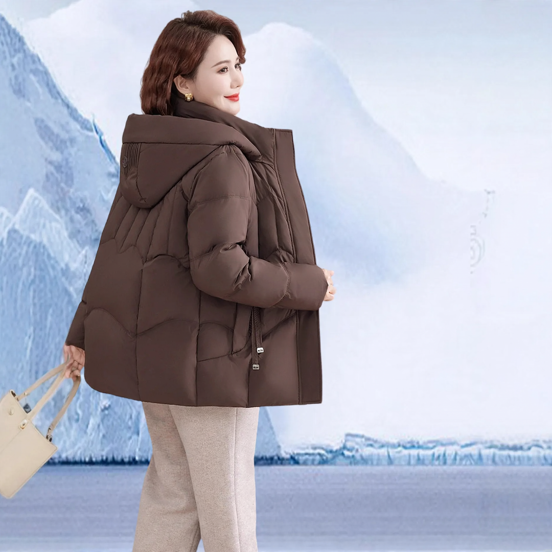 Short women's down jacket with goose down