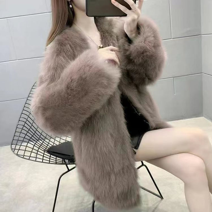 Women's Faux Fur Coat, Mid-Length, V-Neck