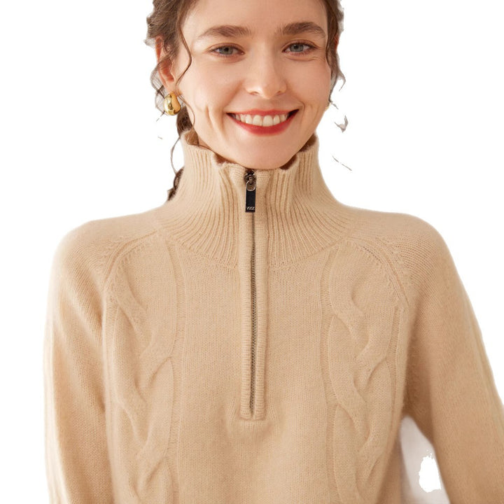 Women's cashmere sweater with stand-up collar and zipper