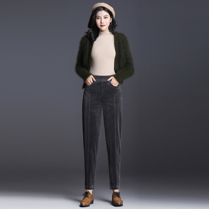 Women's corduroy pants, shortened, high waistband